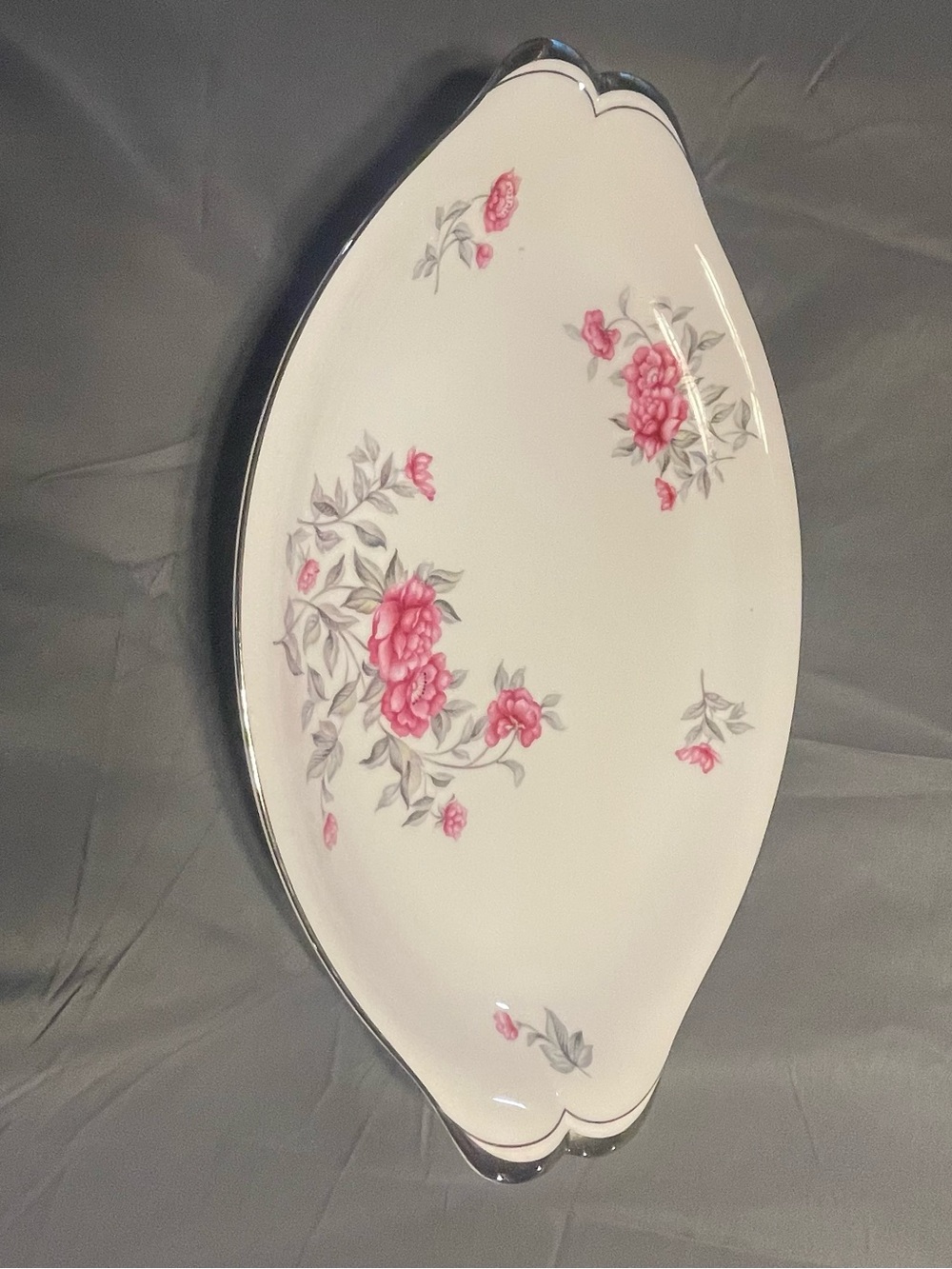 Floral Porcelain Serving Platter in Pink and Gray